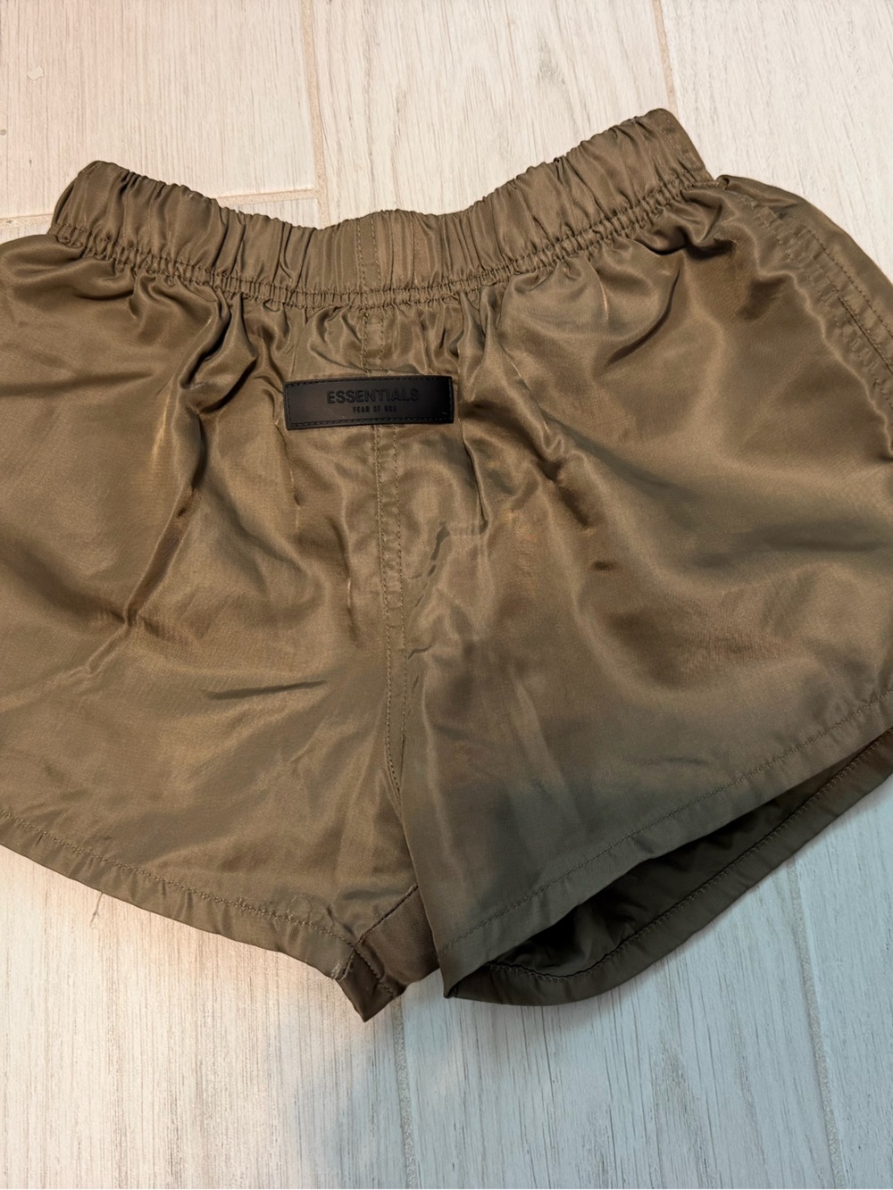 Women’s Fear of God Essentials Nylon Shorts Olive Taupe Size XS